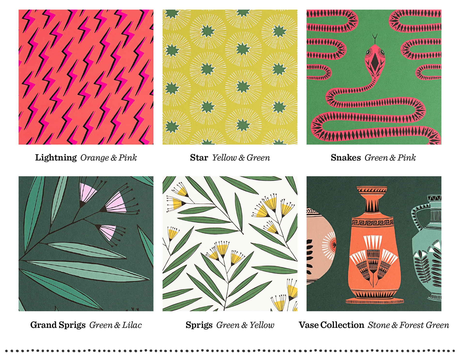Six MissPrint To The Moon wallpaper swatches: Lightning Orange & Pink, Star Yellow & Green, Snakes Green & Pink, Grand Sprigs Green & Lilac, Sprigs Green & Yellow and Vase Collection Stone & Forest Green